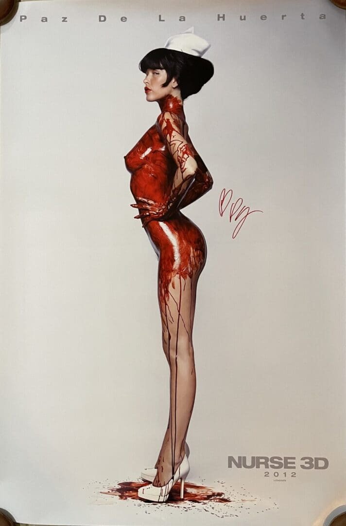 Woman in nurse hat covered in blood.