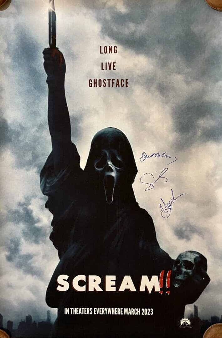 Ghostface holding knife on "Scream" movie poster.