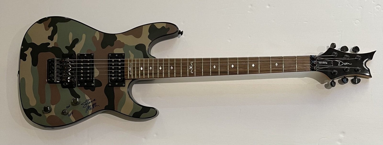 Camouflage electric guitar on white background.