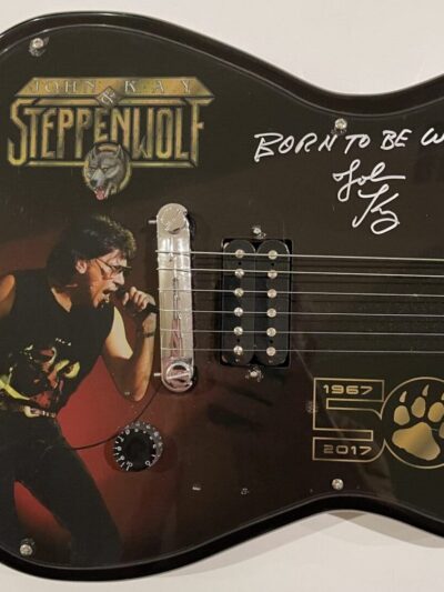 Signed Steppenwolf guitar with band imagery.