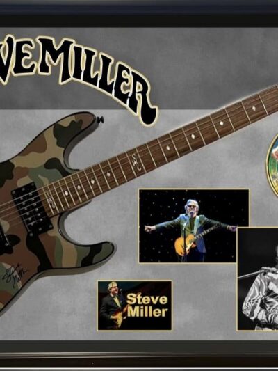 Camouflage guitar with Steve Miller memorabilia display.