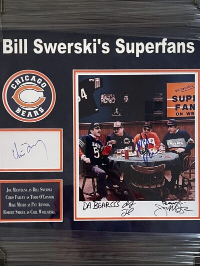 Framed Bill Swerski's Superfans memorabilia display.