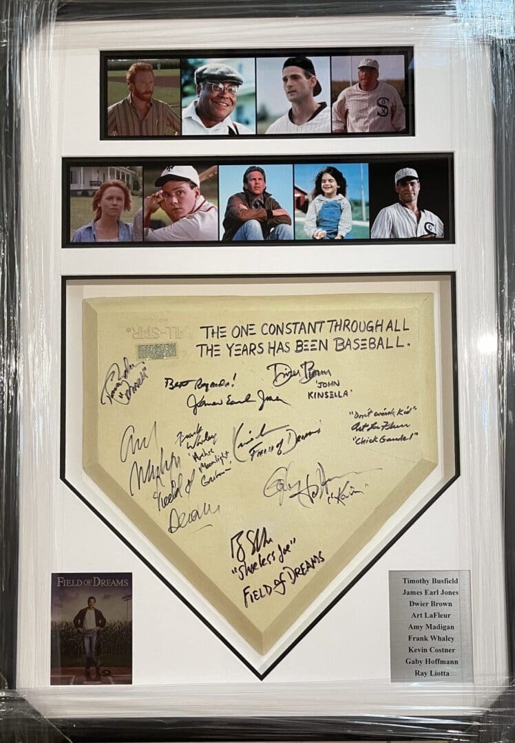 Framed autographed "Field of Dreams" memorabilia display.