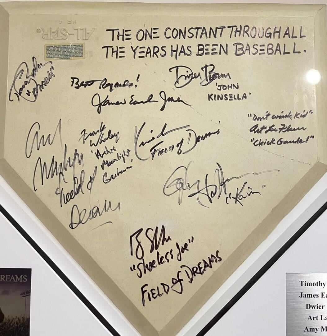 Autographed "Field of Dreams" home plate display.