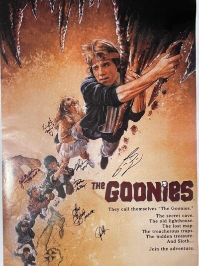The Goonies" movie poster with signatures.