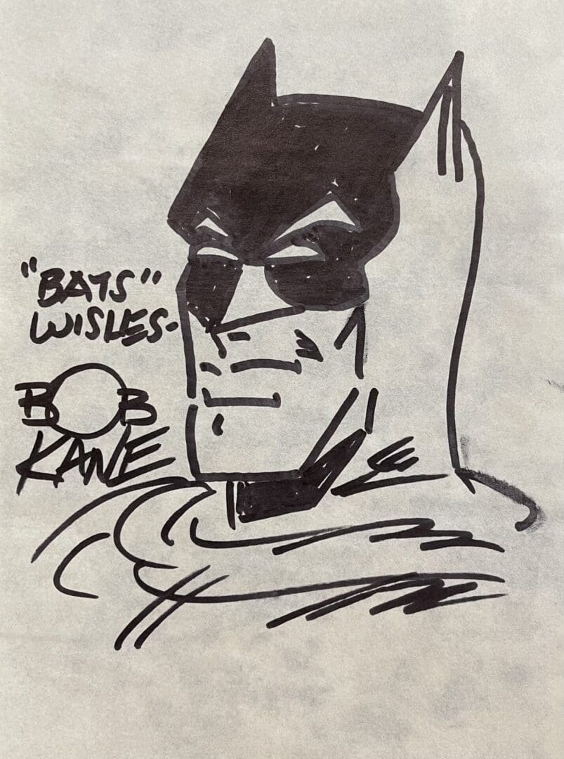 Drawing of a superhero with signature.