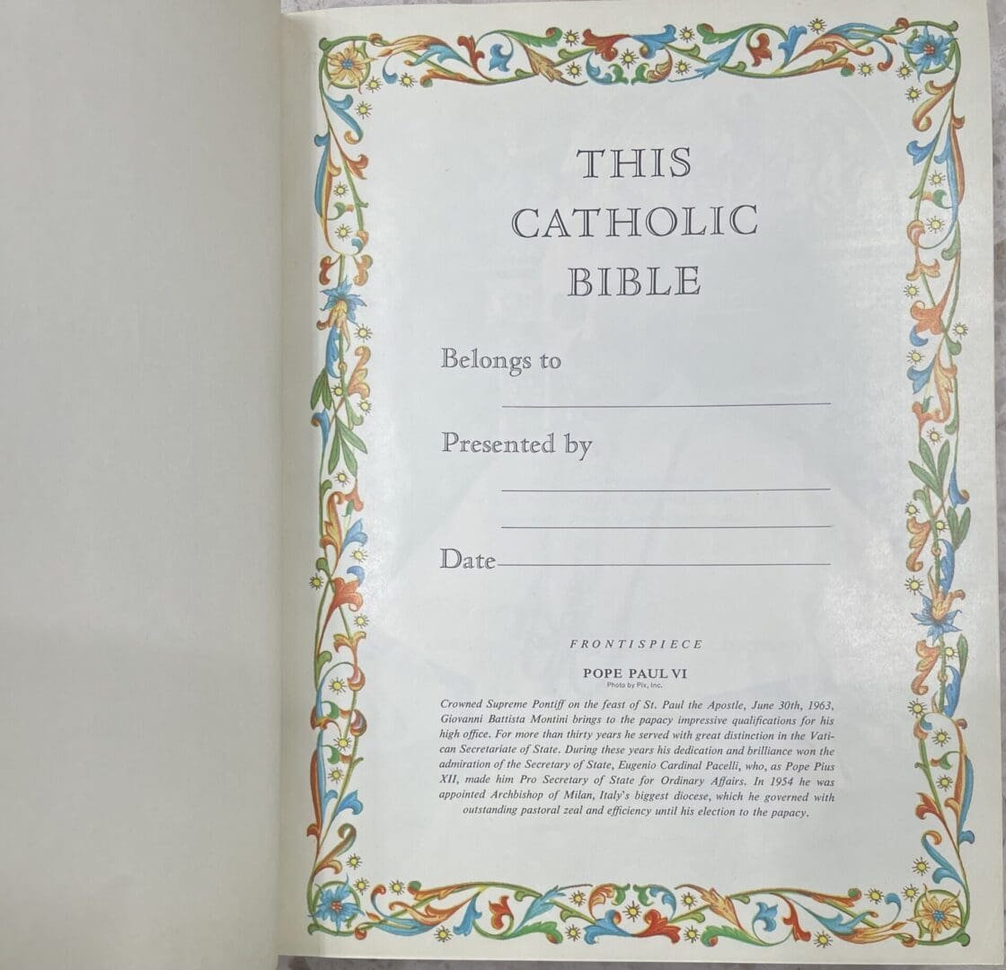 Catholic Bible front page with ornate border.