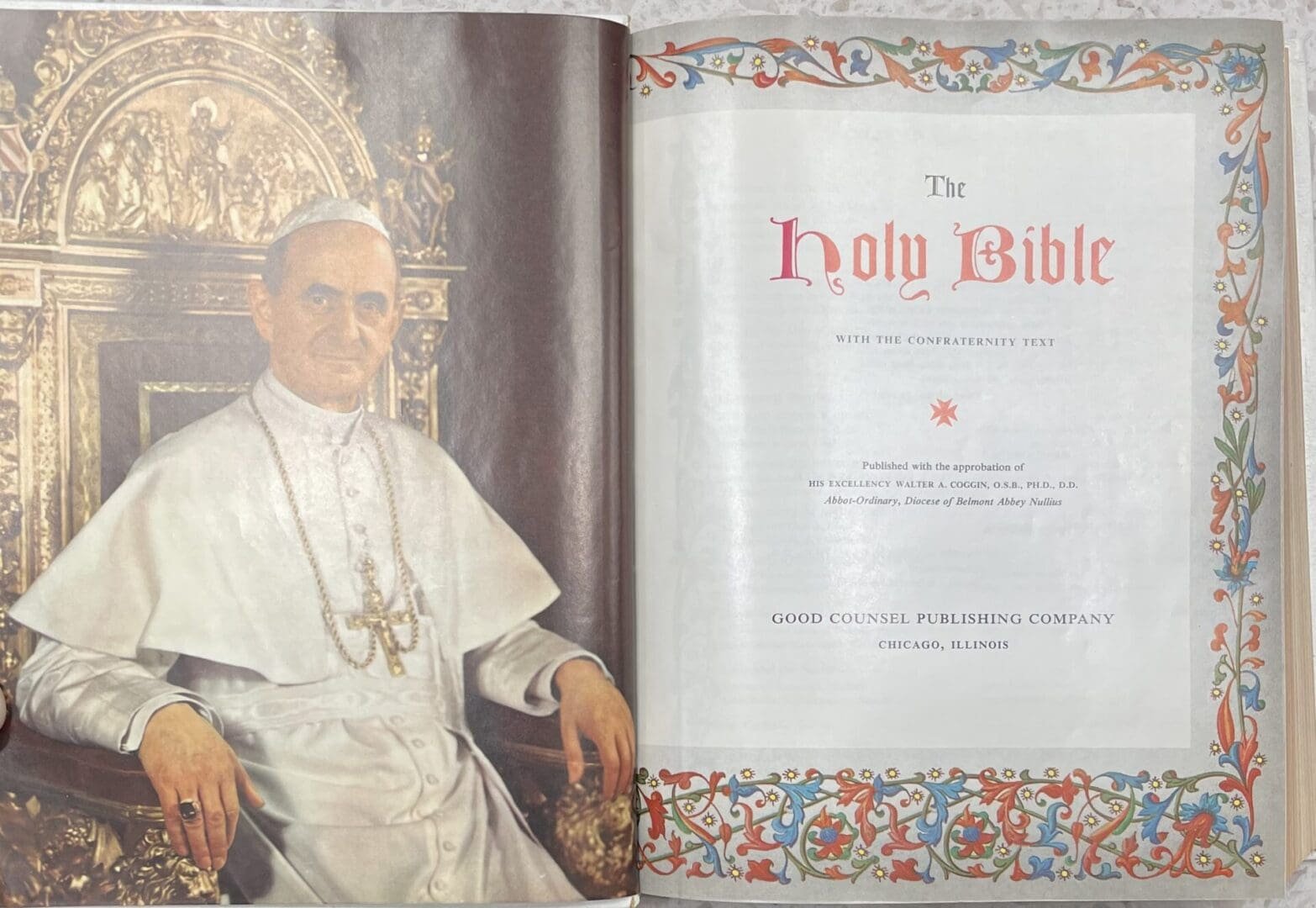 Pope portrait beside ornate Holy Bible cover.