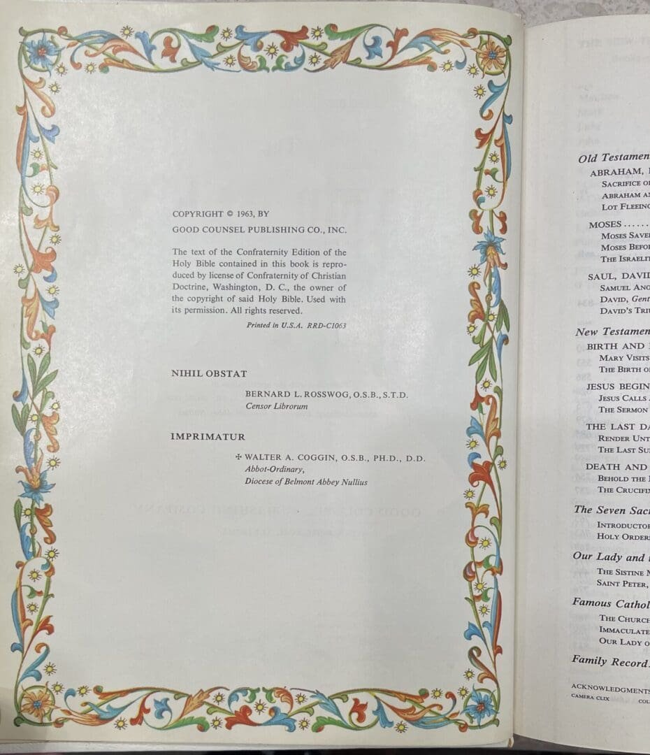Decorative page with floral border and text.