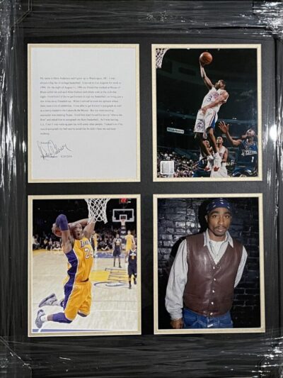 Framed sports action photos and personal portrait.