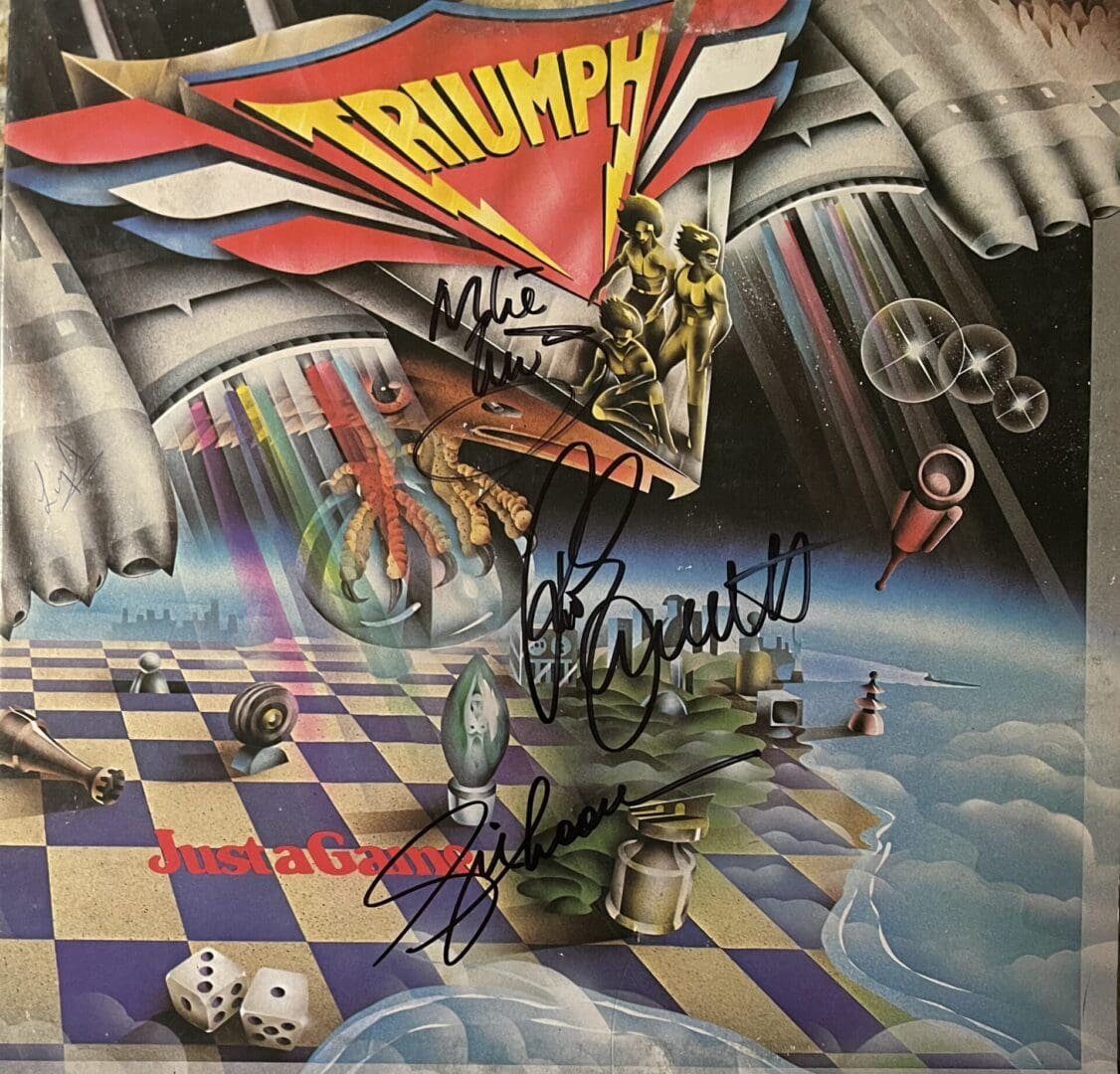 Surreal album cover art with signatures.