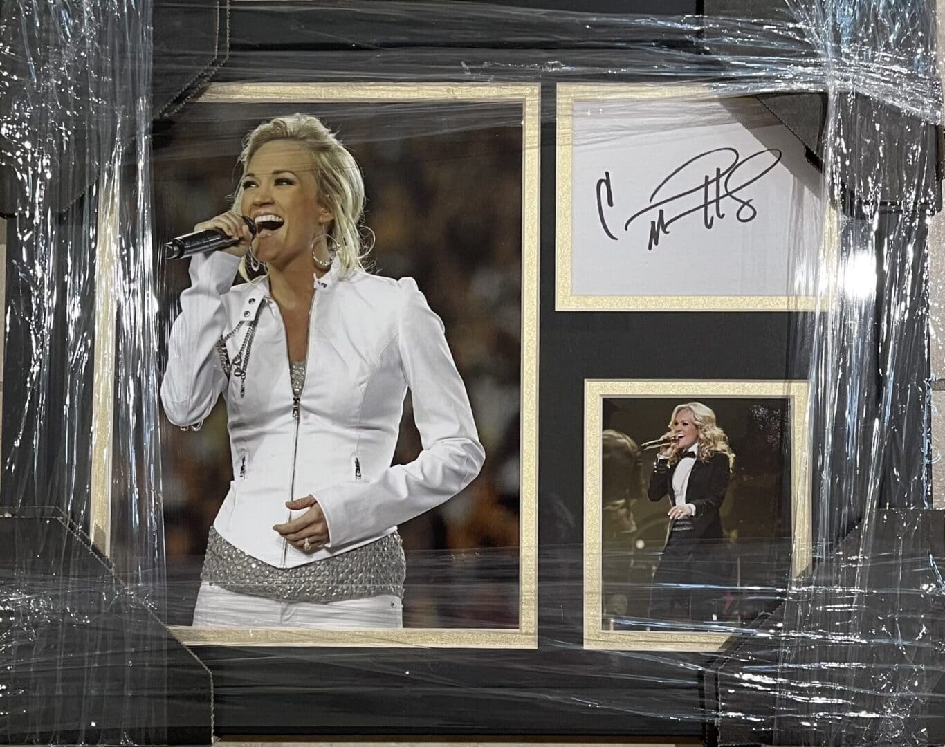 Singer performing with autograph display frame.