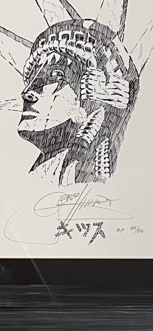 Illustration of a face with headdress.