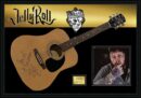 Signed guitar with photo and logos display.