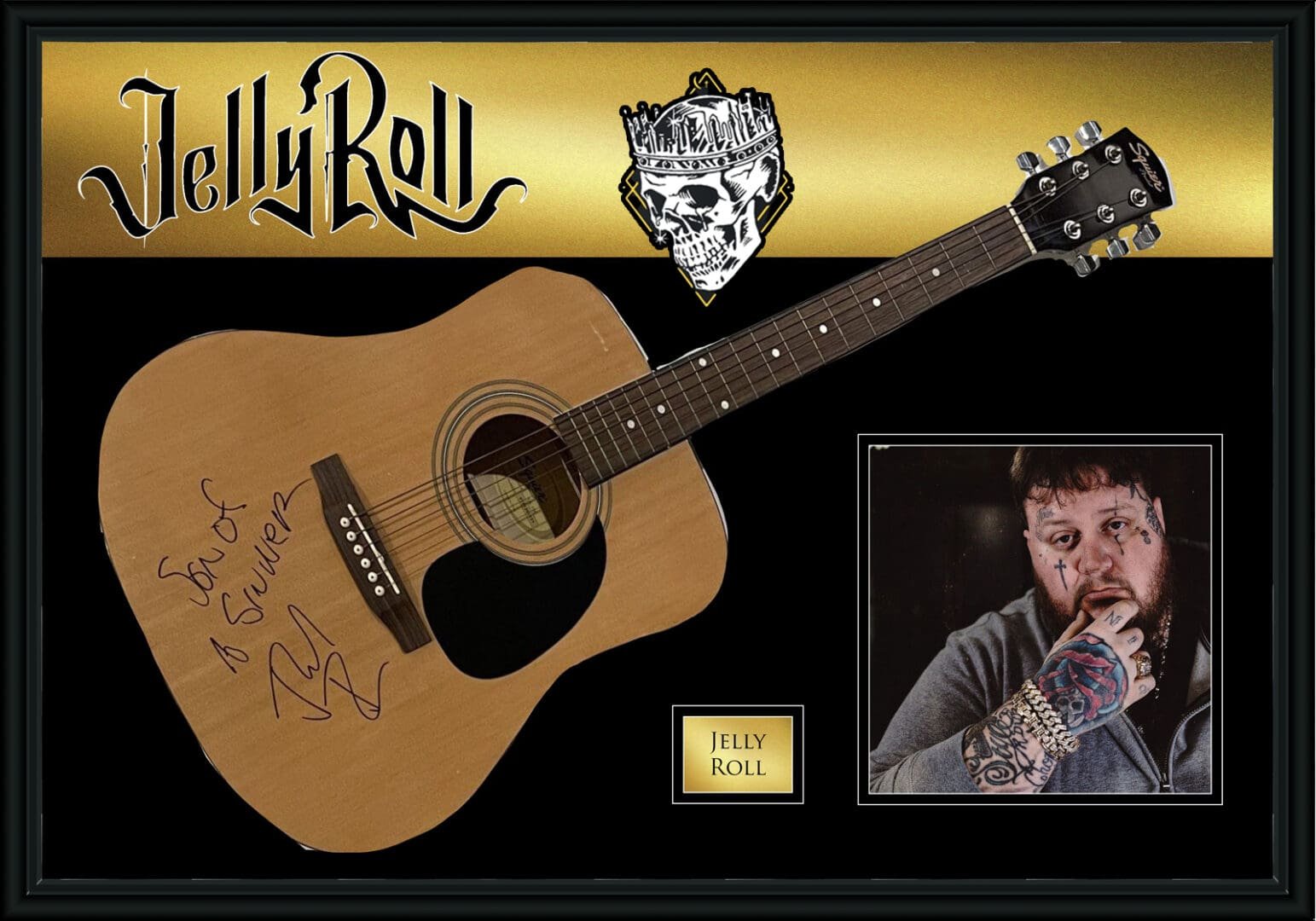 Signed guitar with photo and logos display.