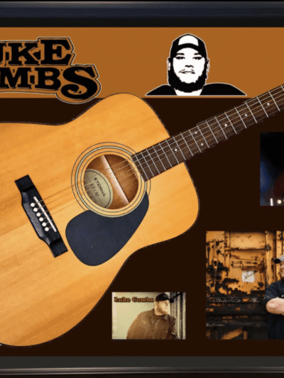 Acoustic guitar with musician-themed collage background.