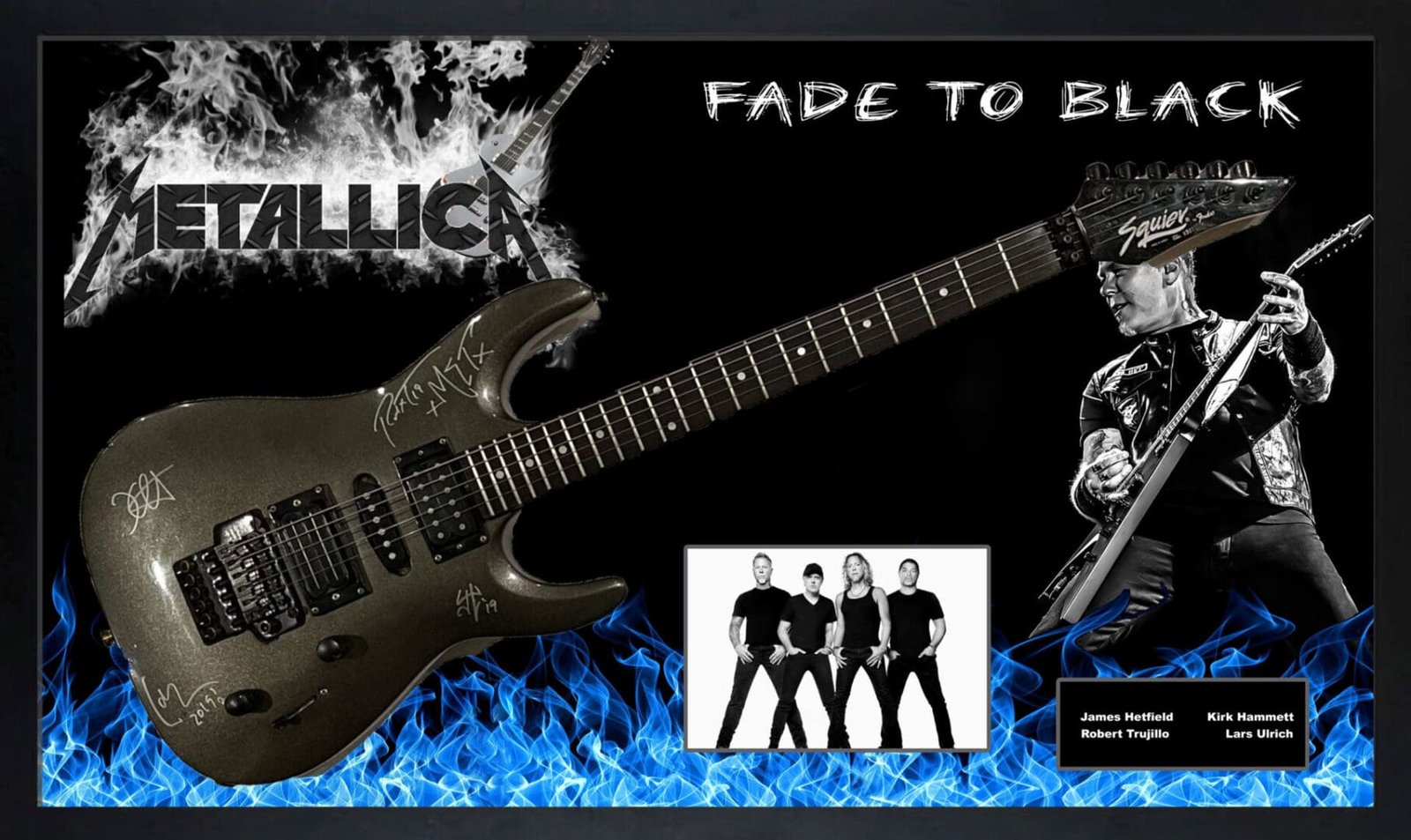 Electric guitar with band imagery and signatures.