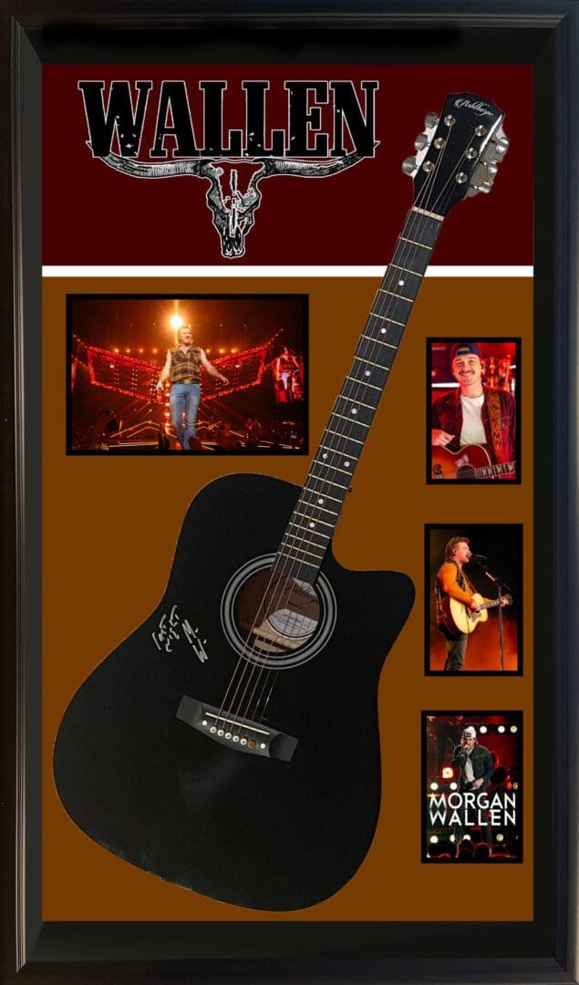 Framed guitar with concert photos and name.