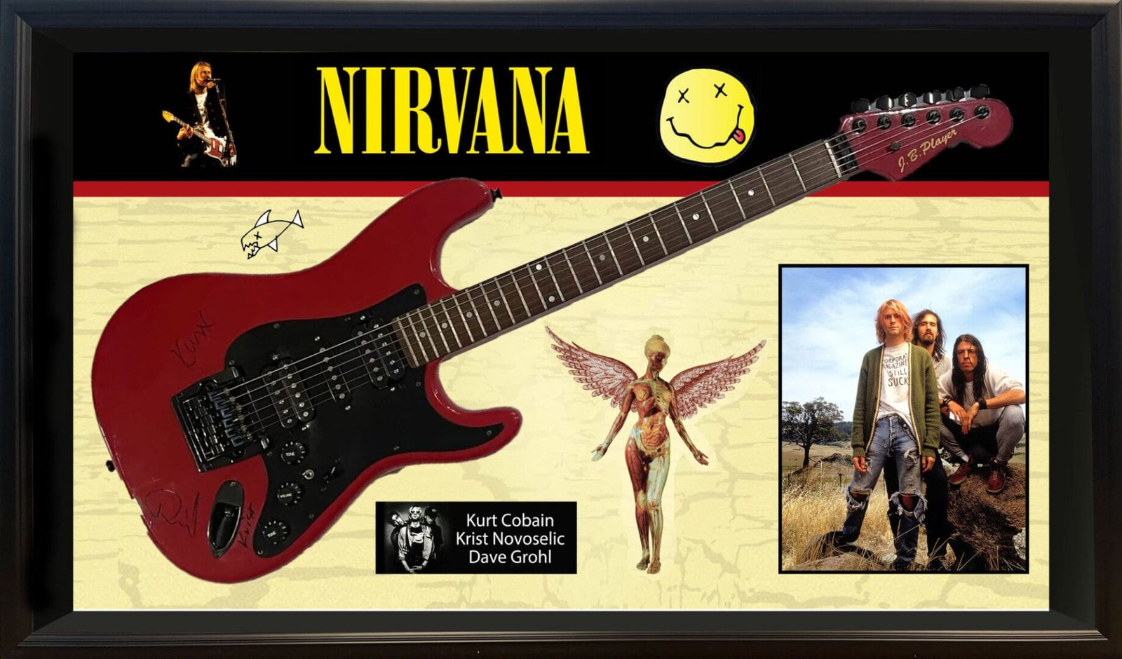 Nirvana-themed guitar collage with band images.