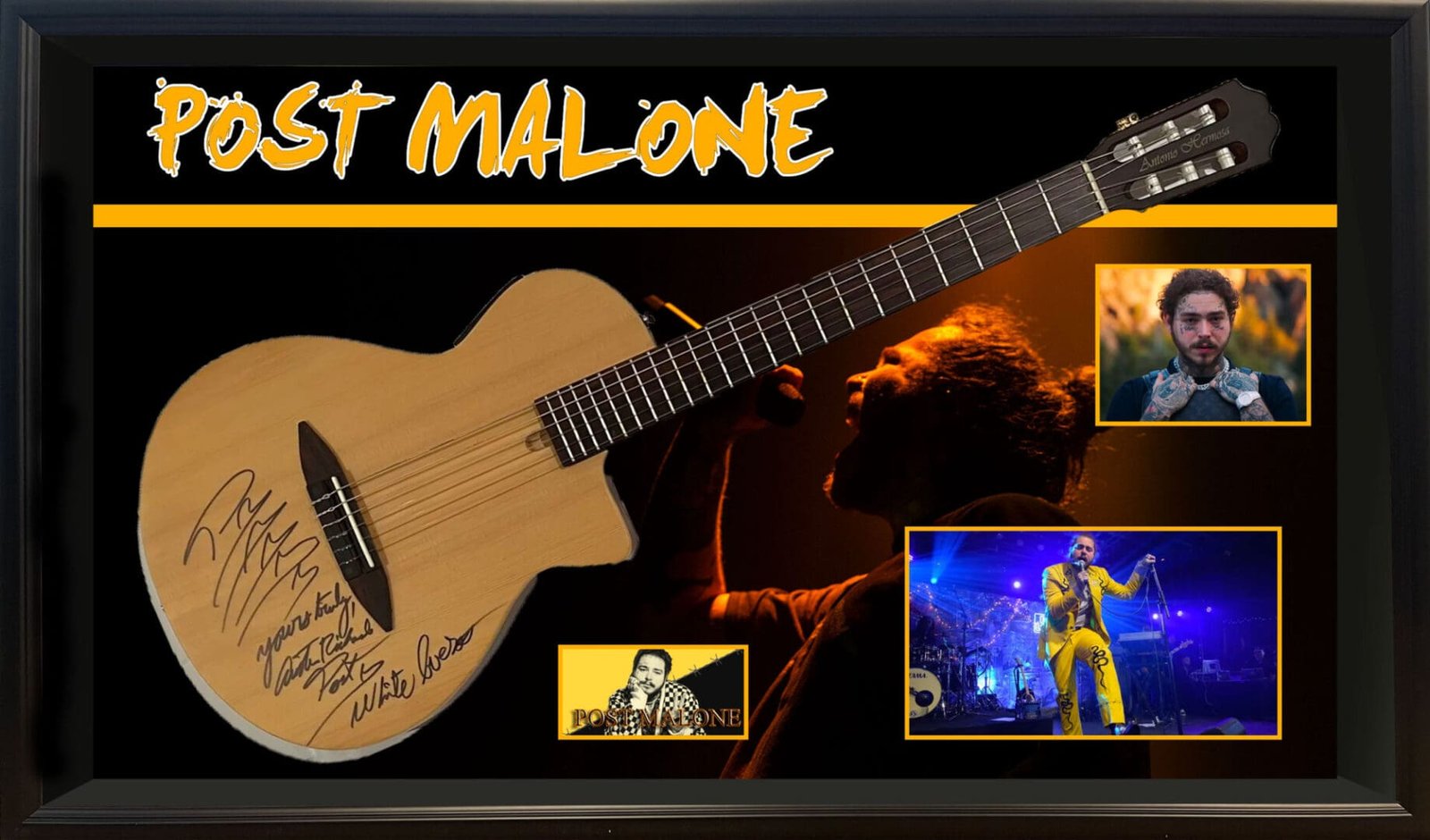 Framed signed guitar with musician images.