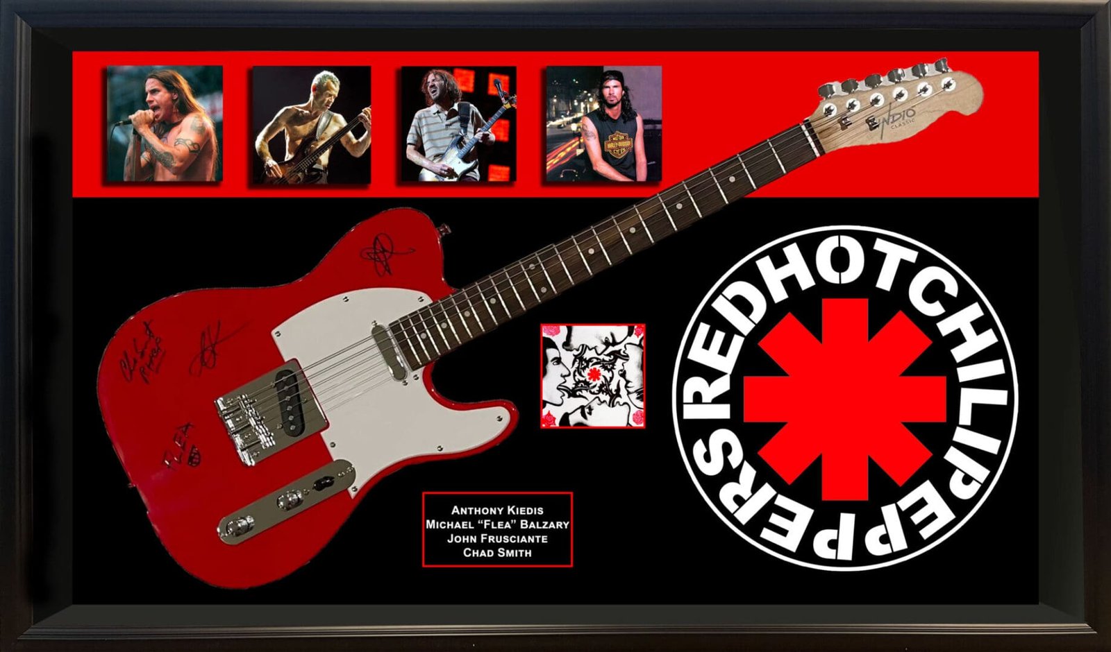 Red guitar with Red Hot Chili Peppers memorabilia.