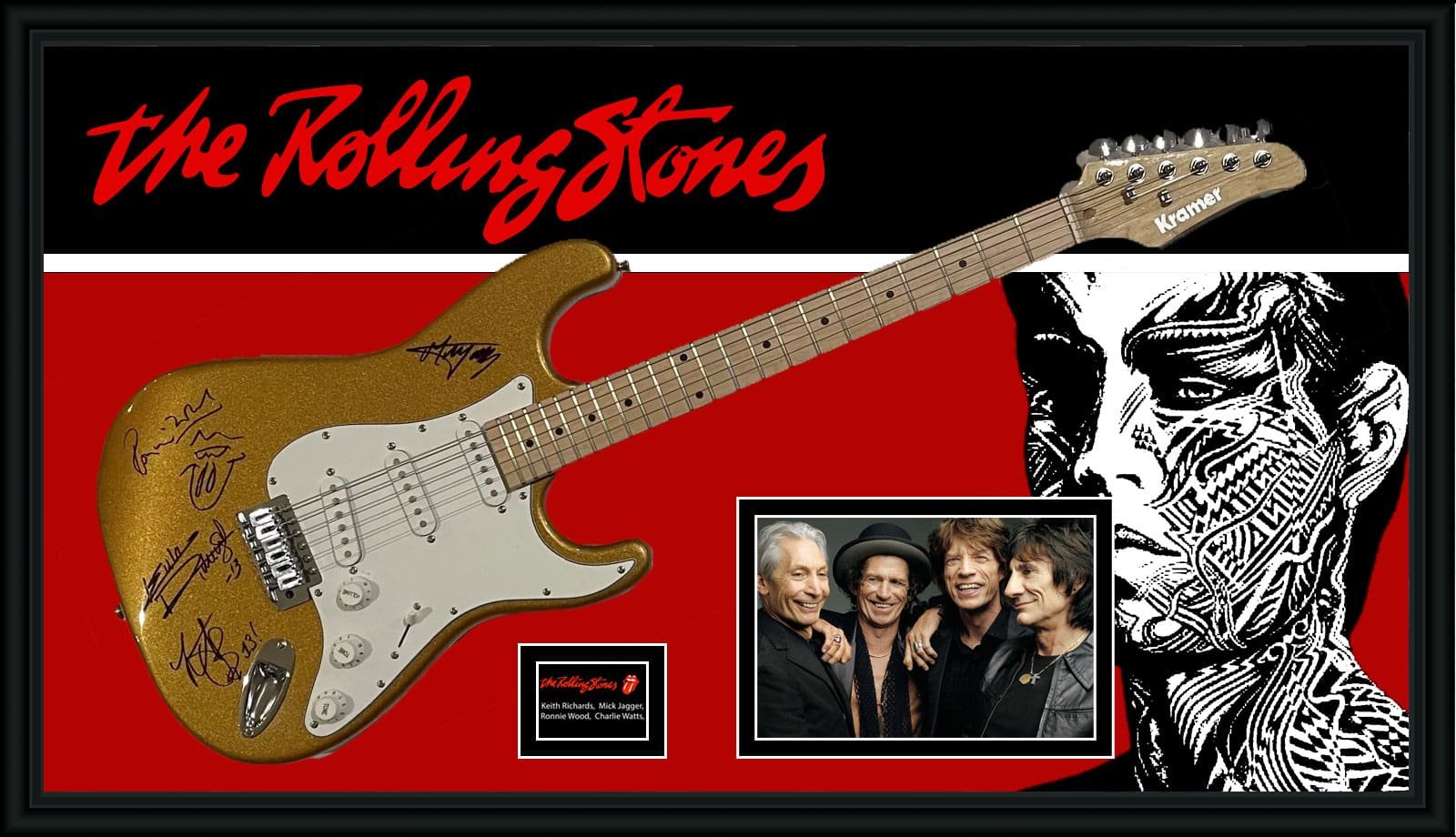 Signed guitar with Rolling Stones imagery.