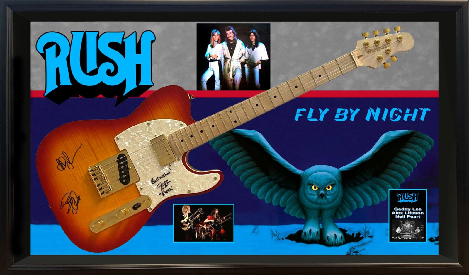 Framed Rush memorabilia with guitar and owl.
