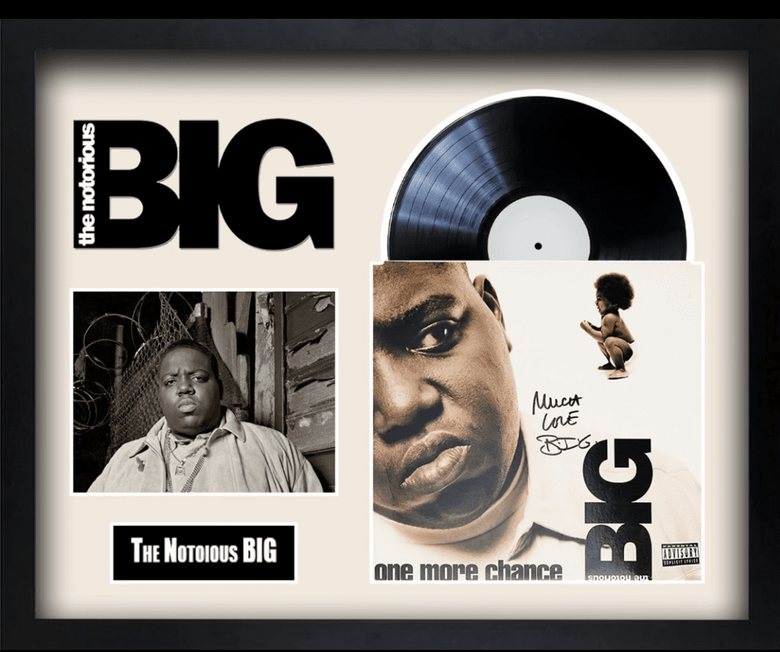 The Notorious B.I.G. album collage display.