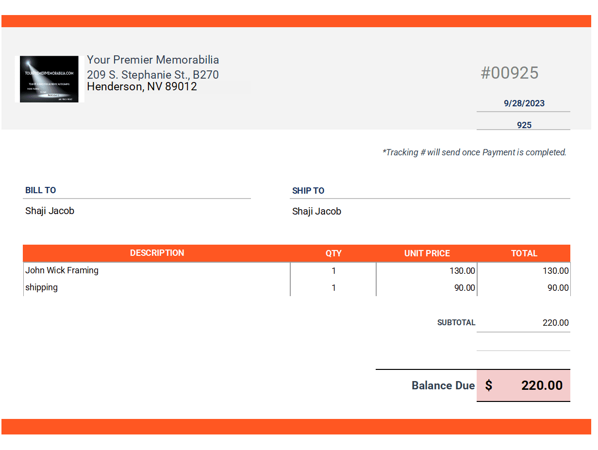 Invoice with balance due of $220.