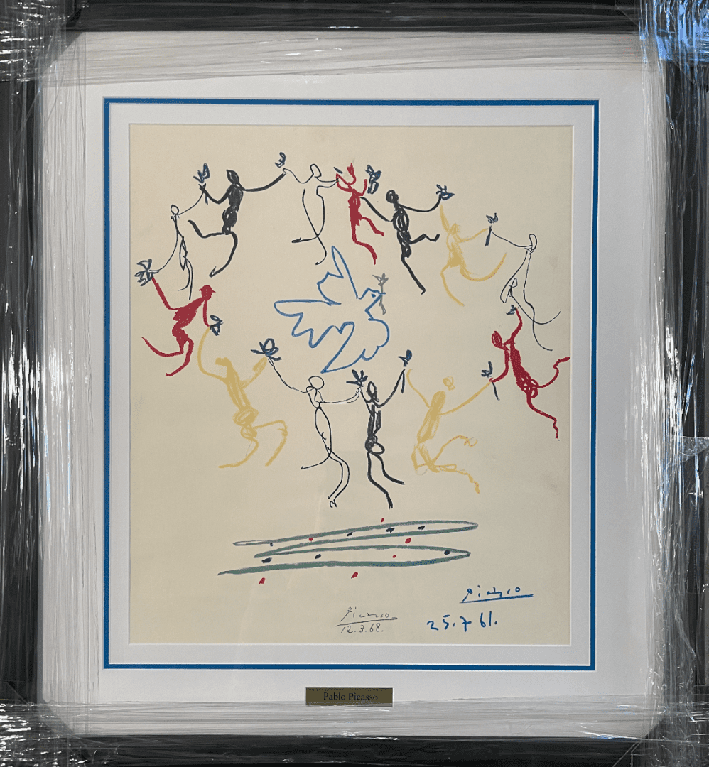 Colorful abstract figures dancing around a dove.