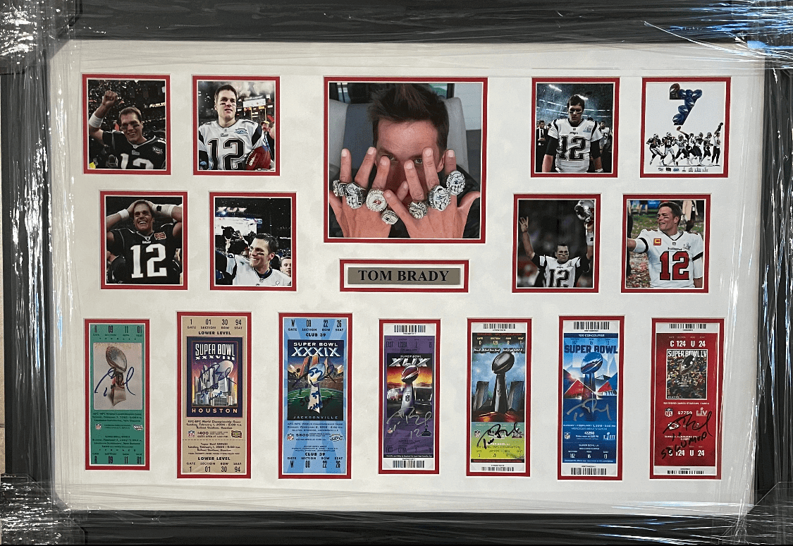 Framed collage of football player memorabilia.
