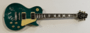 Green electric guitar with multiple signatures displayed.