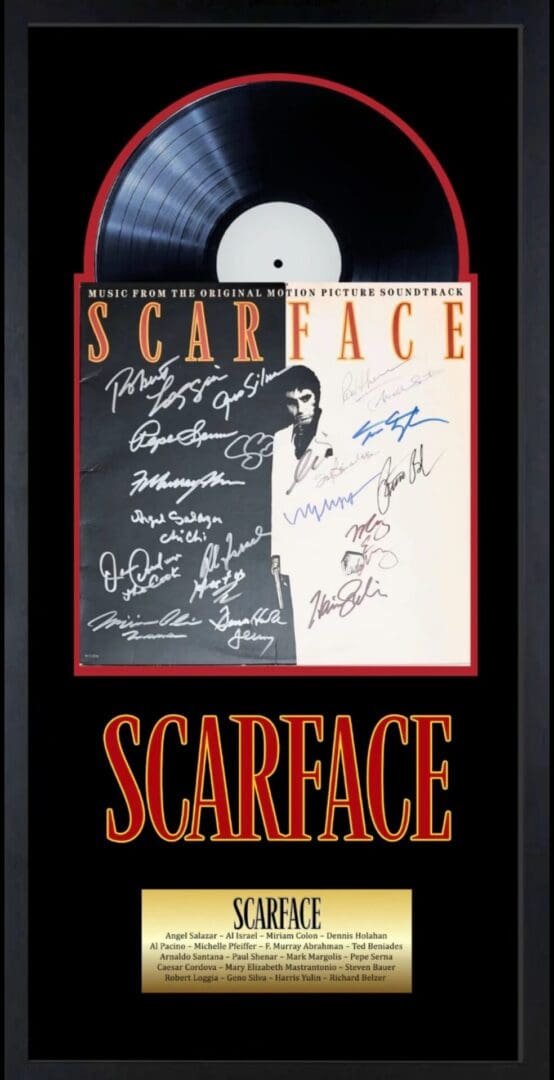 Scarface soundtrack poster with signatures displayed.