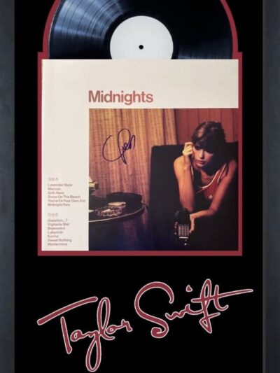 Vinyl record display with album cover.