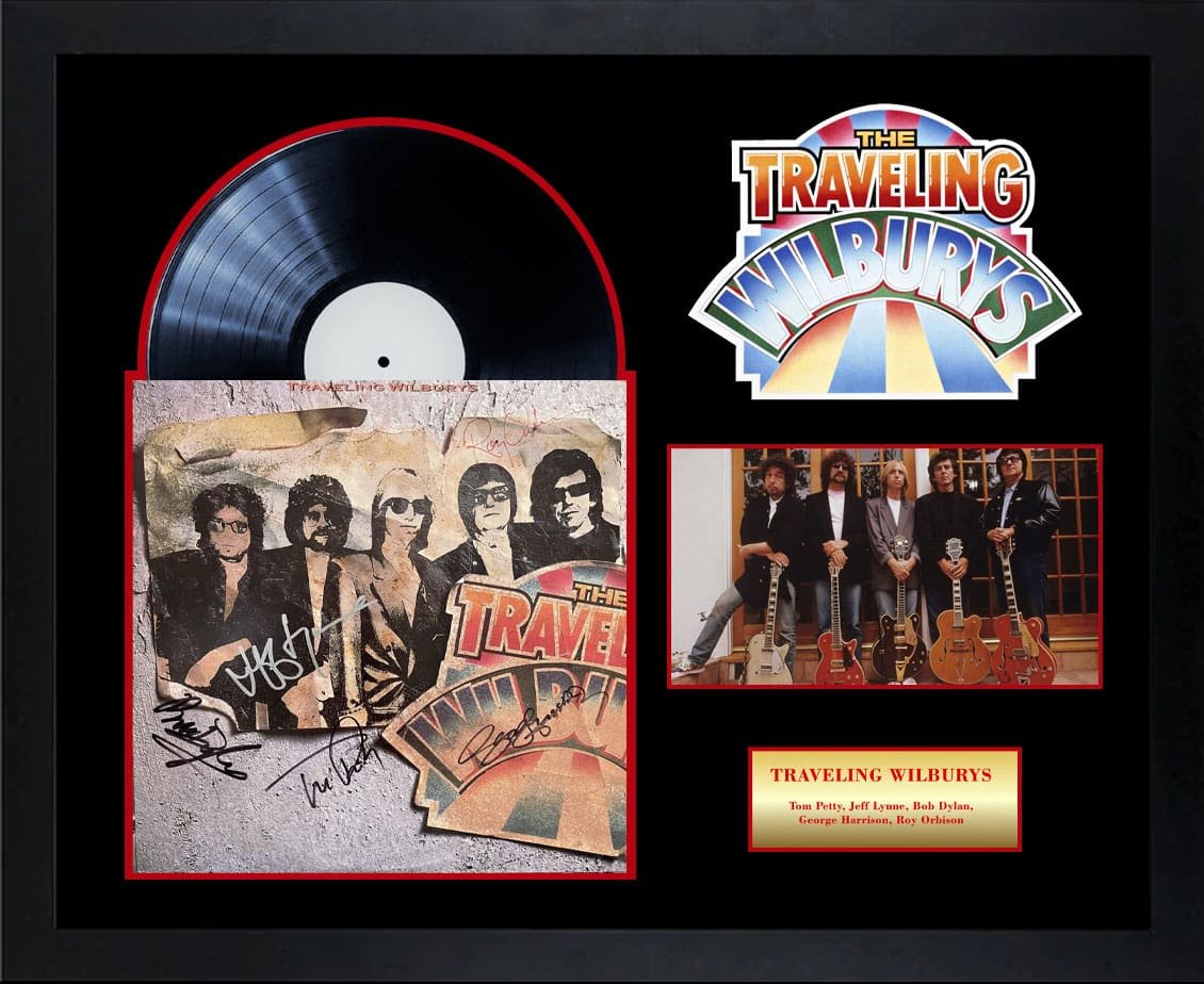 Framed Traveling Wilburys vinyl record and photos.