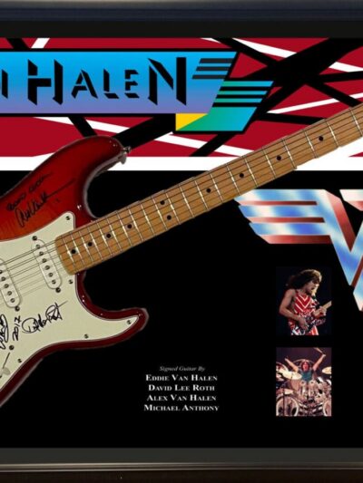 Signed guitar with Van Halen memorabilia display.