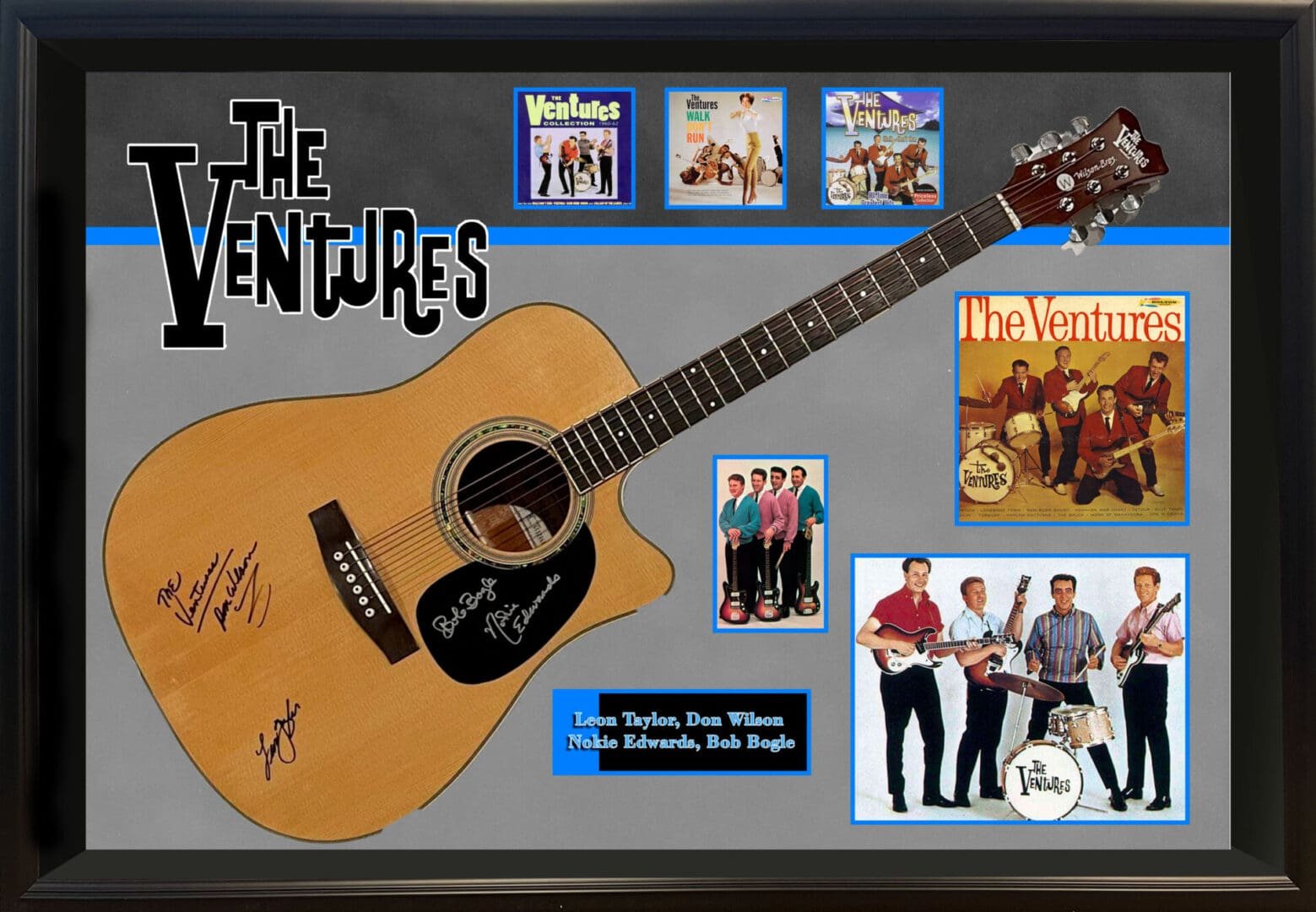 Framed guitar and The Ventures memorabilia display.