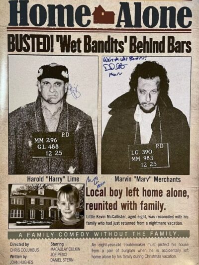 Home Alone newspaper with criminals' mugshots.