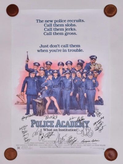 Police Academy movie poster with signatures.