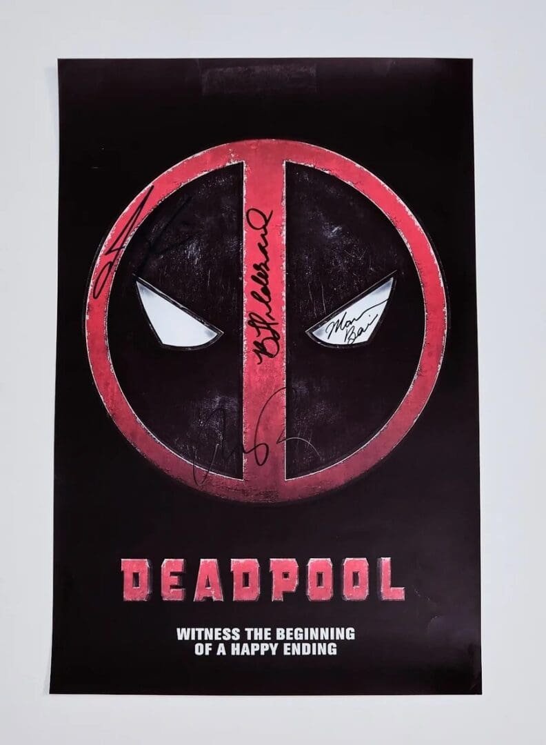 Deadpool poster with red logo and signatures.