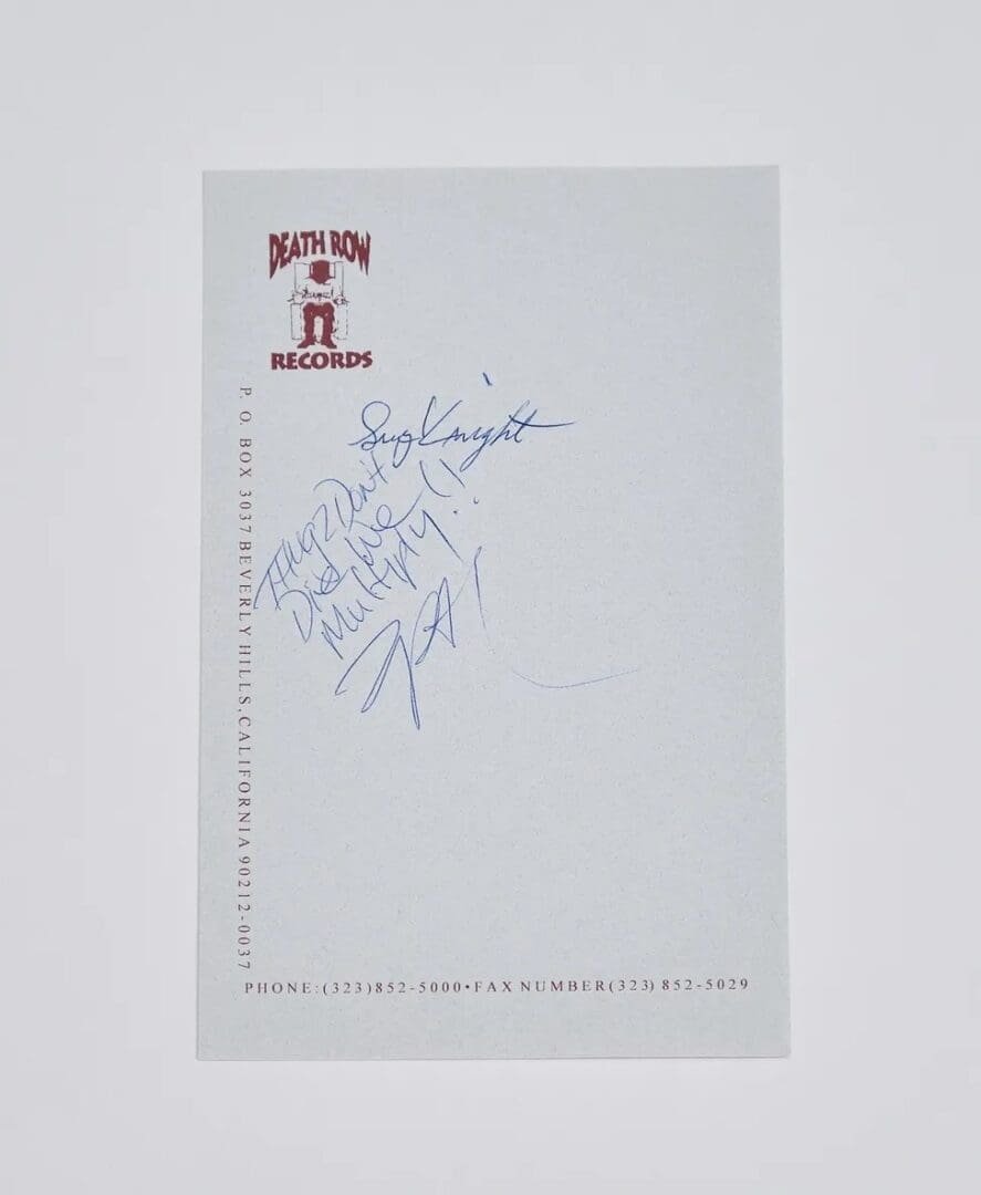 Handwritten note on Death Row Records letterhead.