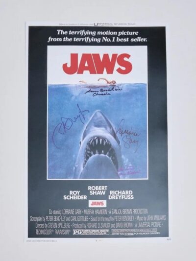 Jaws movie poster with shark illustration.