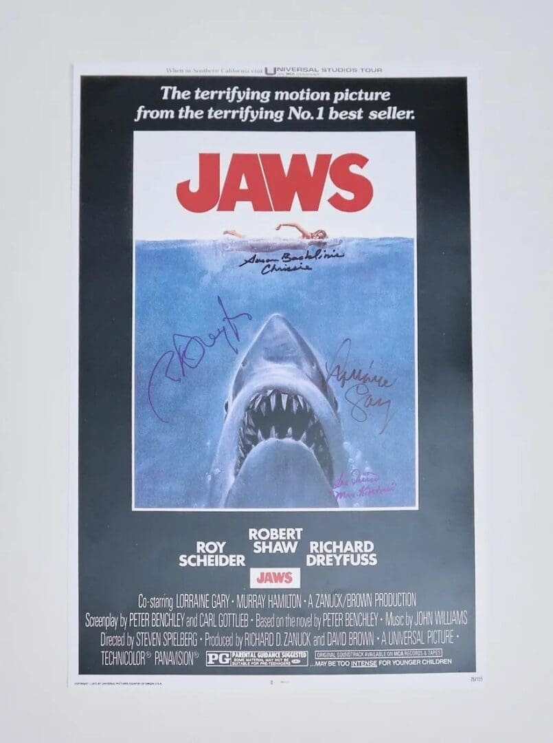 Jaws movie poster with shark illustration.