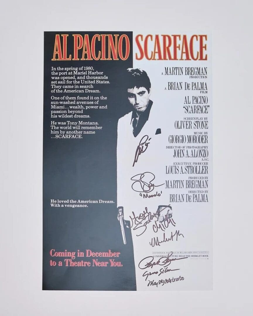 Scarface movie poster with autographs and text.