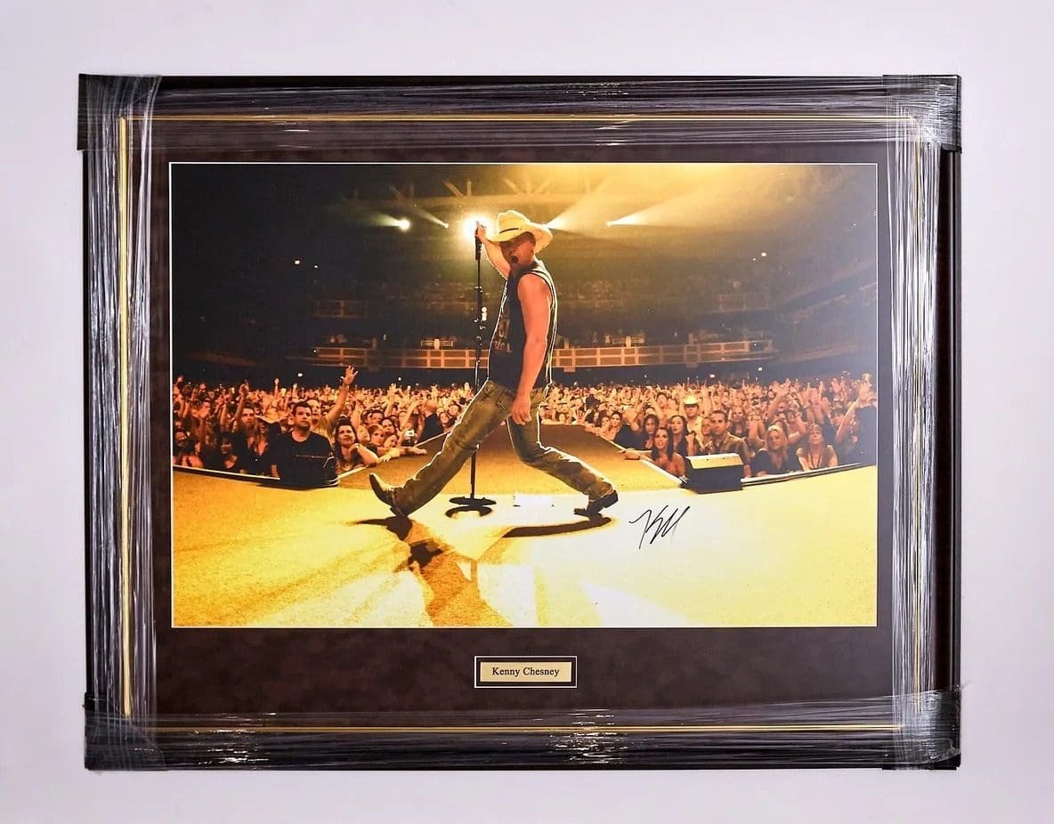 Framed photo of performer on stage.