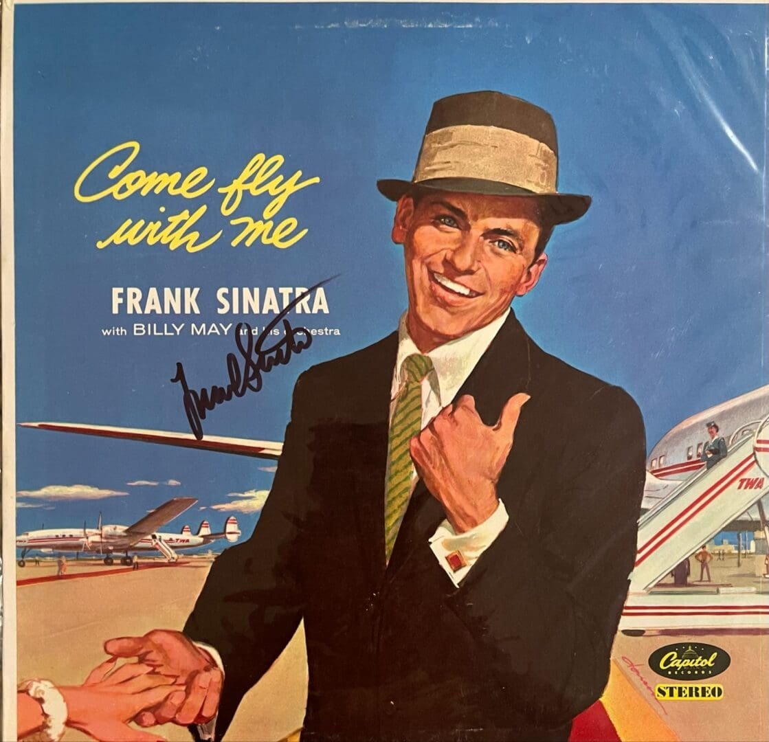 Retro album cover man in hat by airplane