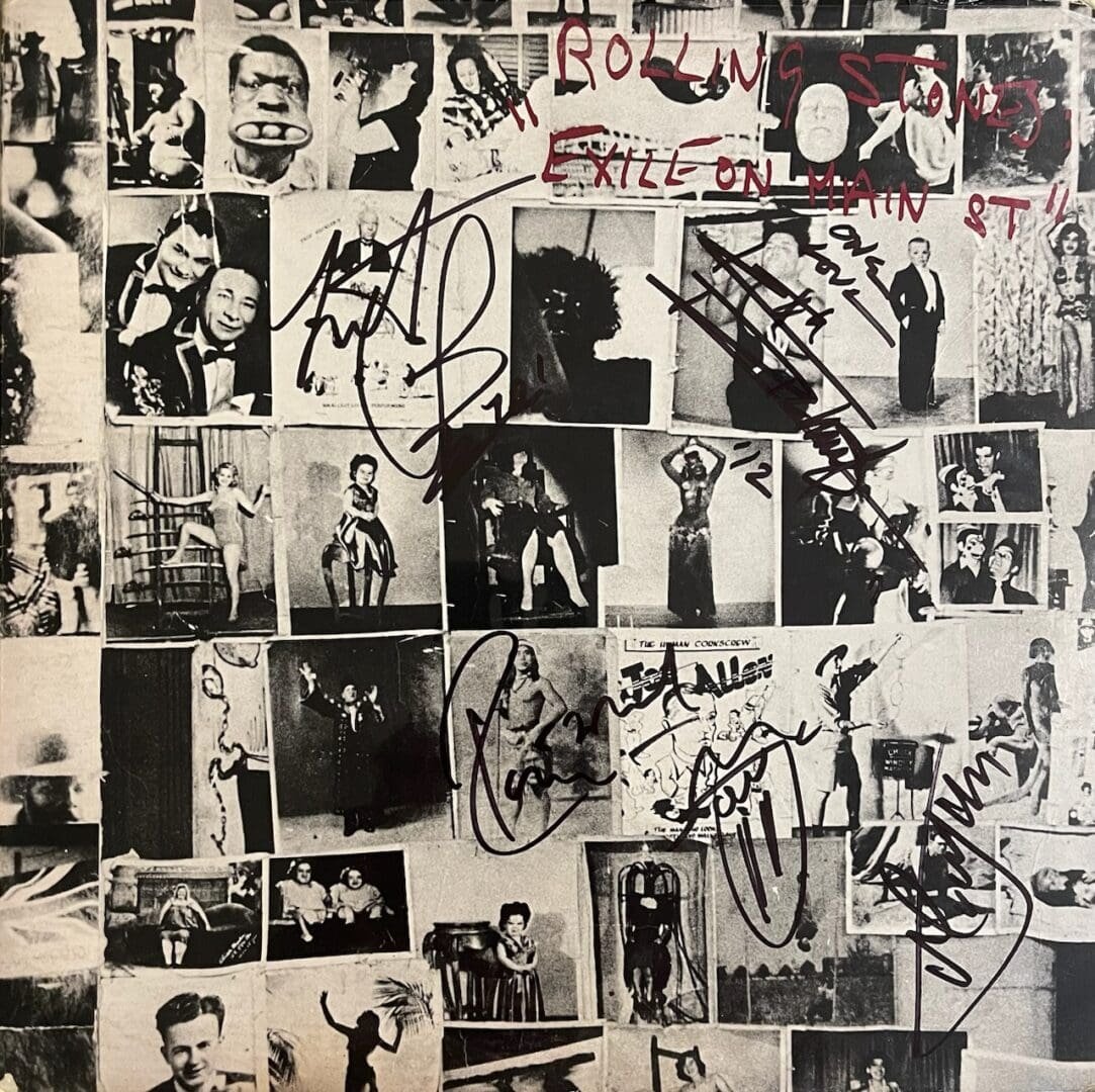 Black-and-white photo collage with scribbled signatures