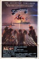 Superman flying over cityscape with villains below.