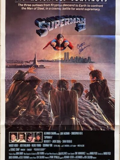 Superman flying over cityscape with villains below.