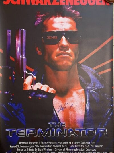 The Terminator movie poster with Schwarzenegger.